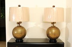 Sophisticated Restored Pair of Etched Brass Sphere Lamps, circa 1960