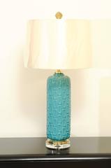Stellar Restored Pair of Turquoise Ceramic Lamps with Brass and Lucite Accents
