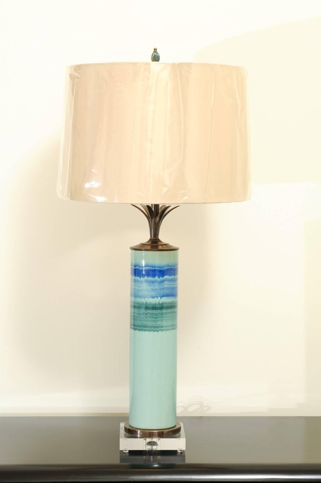 A fabulous pair of vintage drip-glaze ceramic vessels as custom-made lamps. Stunning form and range of color. Custom-built using the finest quality components. Exceptional jewelry! Excellent restored condition. Wired using clear cord; new bronze