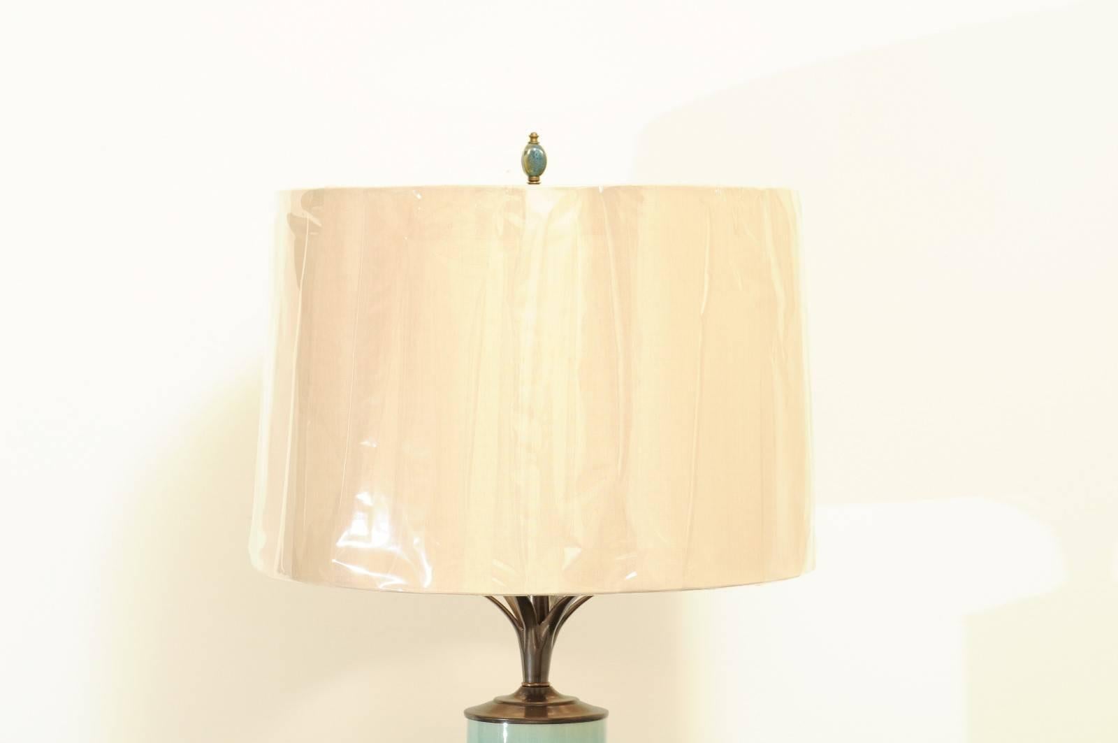 Unknown Stellar Pair of Drip-Glaze Cylinder Lamps with Bronze and Lucite Accents For Sale