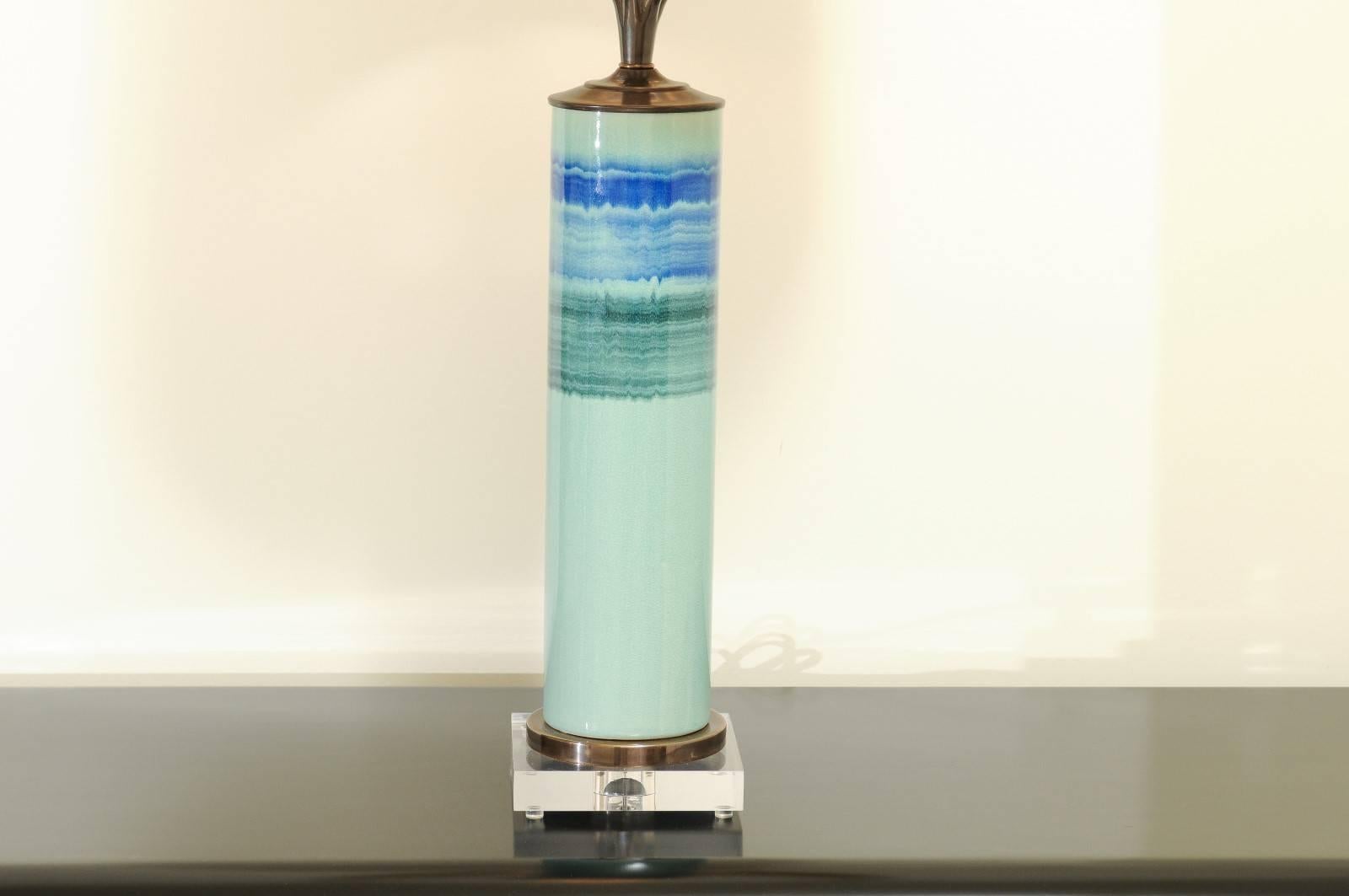 Stellar Pair of Drip-Glaze Cylinder Lamps with Bronze and Lucite Accents In Excellent Condition For Sale In Atlanta, GA