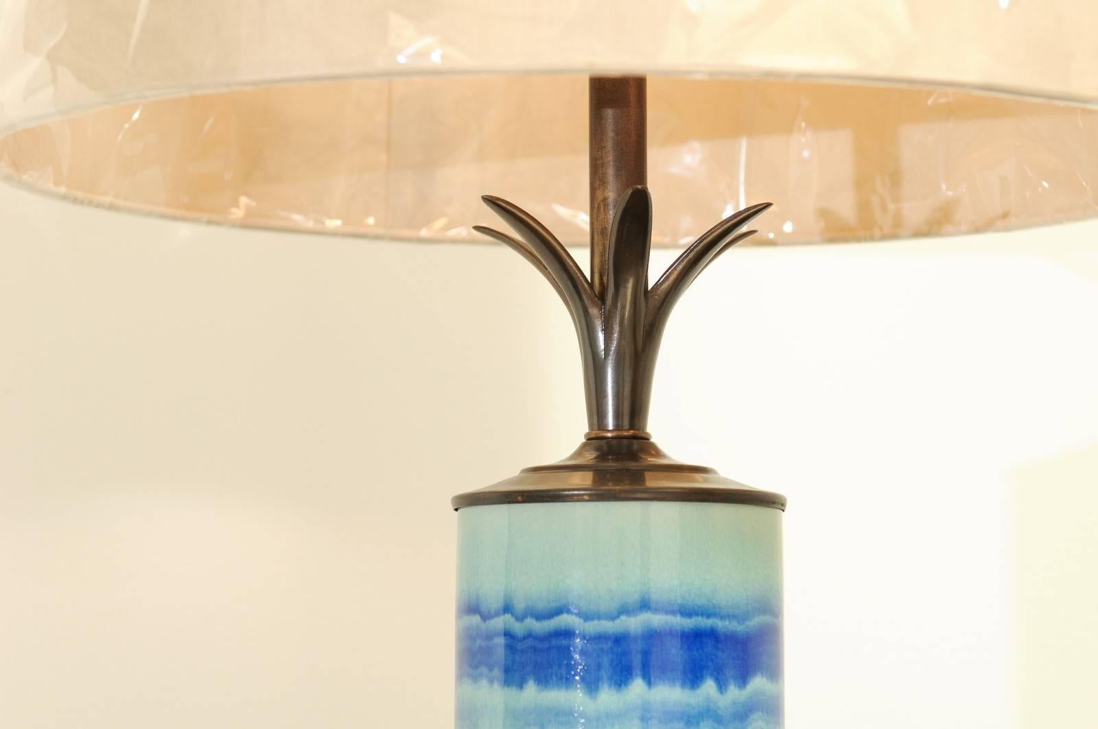 Stellar Pair of Drip-Glaze Cylinder Lamps with Bronze and Lucite Accents For Sale 3