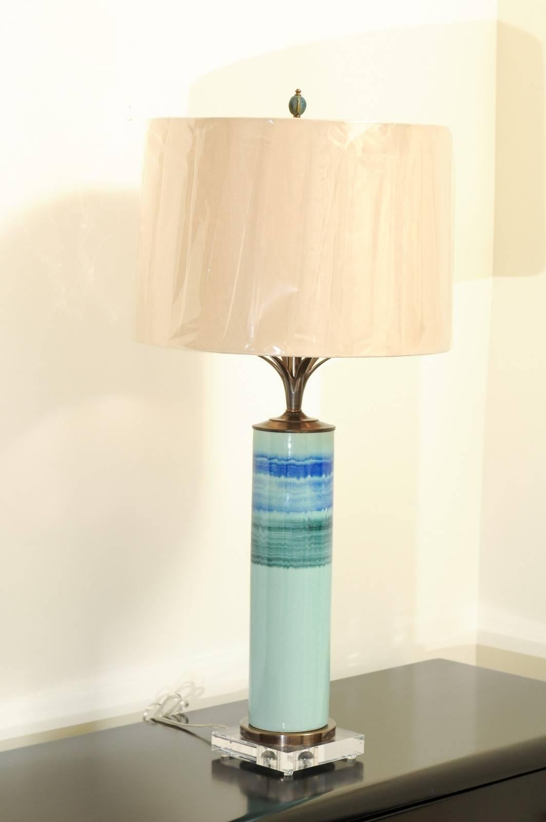 Stellar Pair of Drip-Glaze Cylinder Lamps with Bronze and Lucite Accents For Sale 4