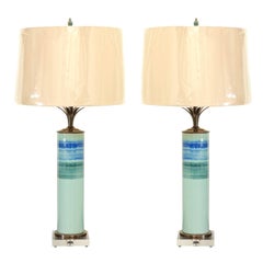 Retro Stellar Pair of Drip-Glaze Cylinder Lamps with Bronze and Lucite Accents