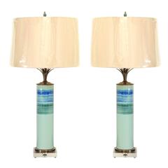 Stellar Pair of Drip-Glaze Cylinder Lamps with Bronze and Lucite Accents 12