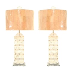 Restored Pair of Vintage Limestone and Lucite Lamps with Blown Glass Finials