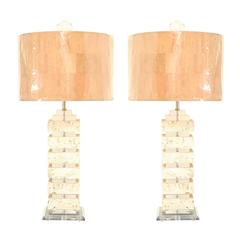 Restored Pair of Vintage Limestone and Lucite Lamps with Blown Glass Finials