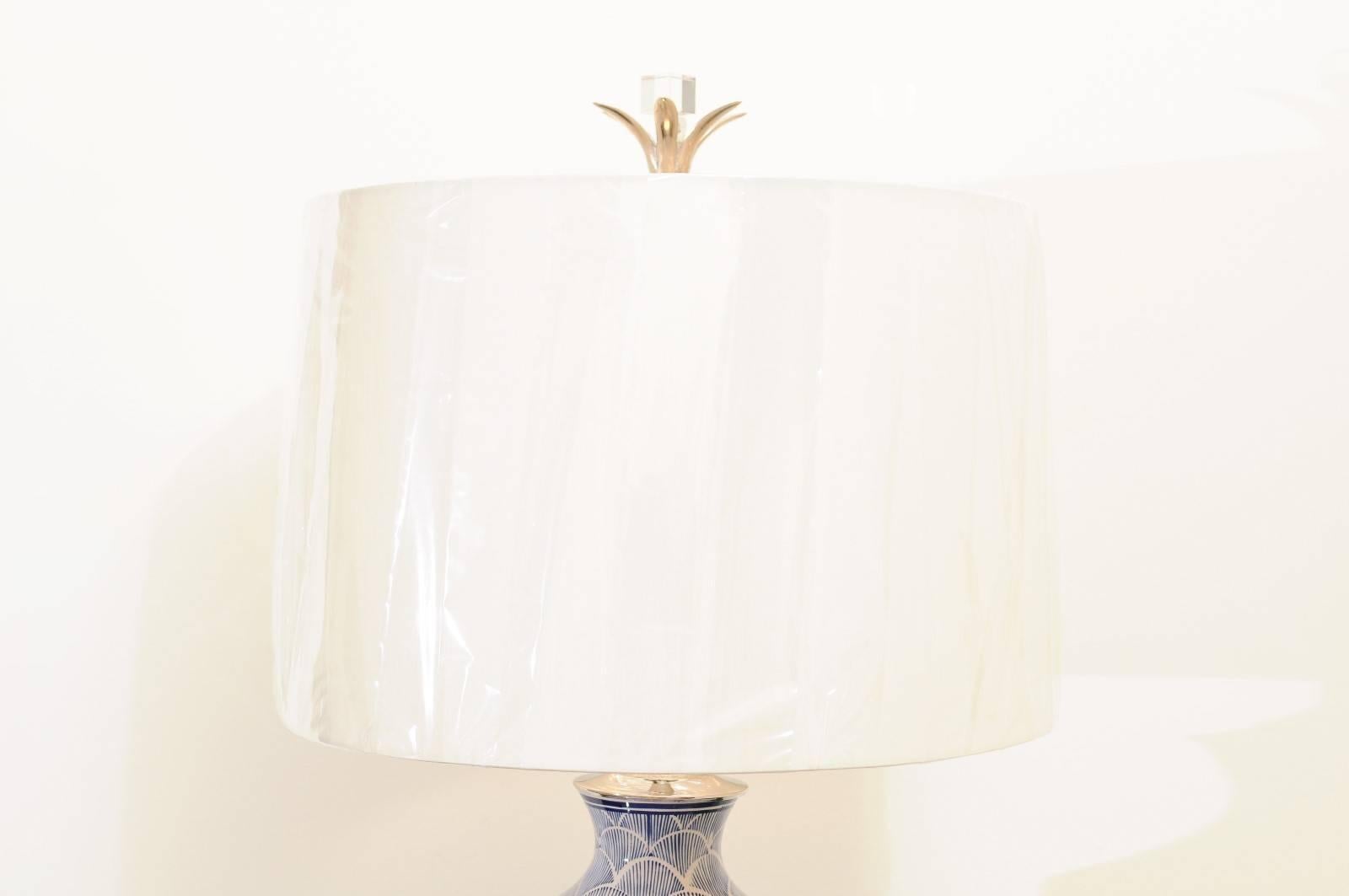 Mid-Century Modern Dramatic Graphic Pair of Large-Scale Ceramic Lamps in Navy and White For Sale