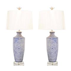 Dramatic Graphic Pair of Large-Scale Ceramic Lamps in Navy and White 5