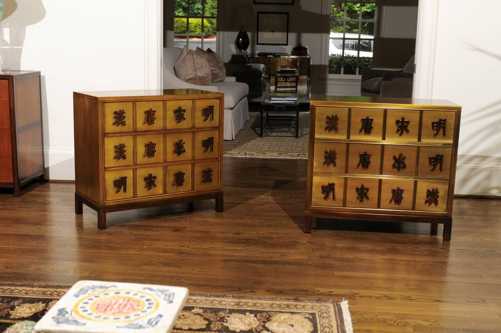 This magnificent pair of commodes is shipped as professionally photographed and described in the listing narrative: Meticulously professionally restored and completely installation ready.

A radiant pair of three-drawer chests by Mastercraft, circa