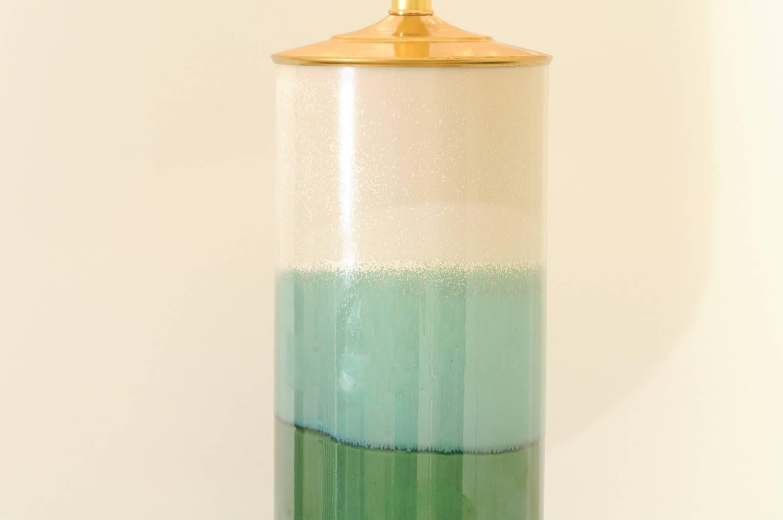 Late 20th Century Exquisite Pair of Drip-Glaze Lamps with Accents of Lucite, Brass and Jade