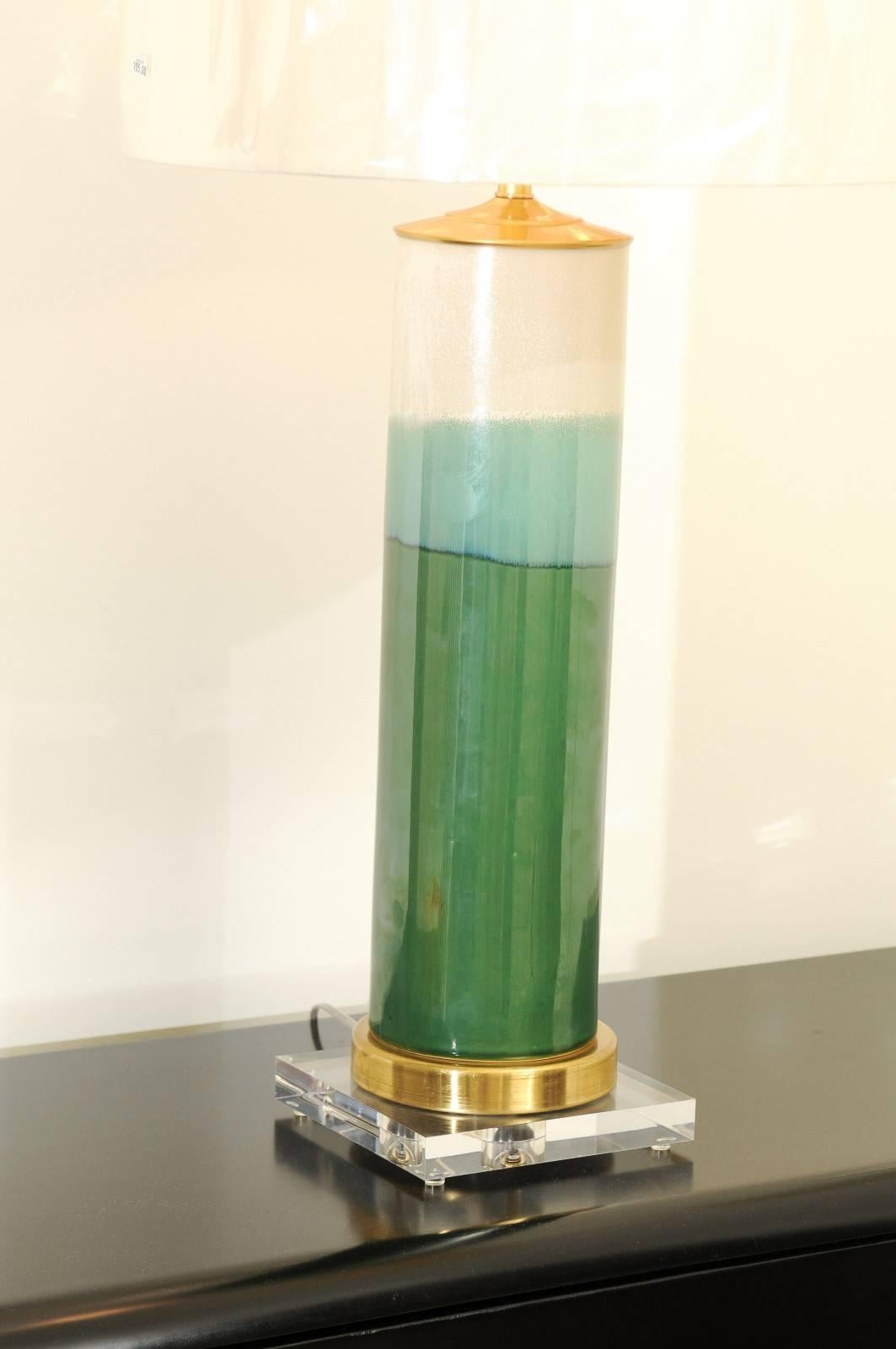 Exquisite Pair of Drip-Glaze Lamps with Accents of Lucite, Brass and Jade 2