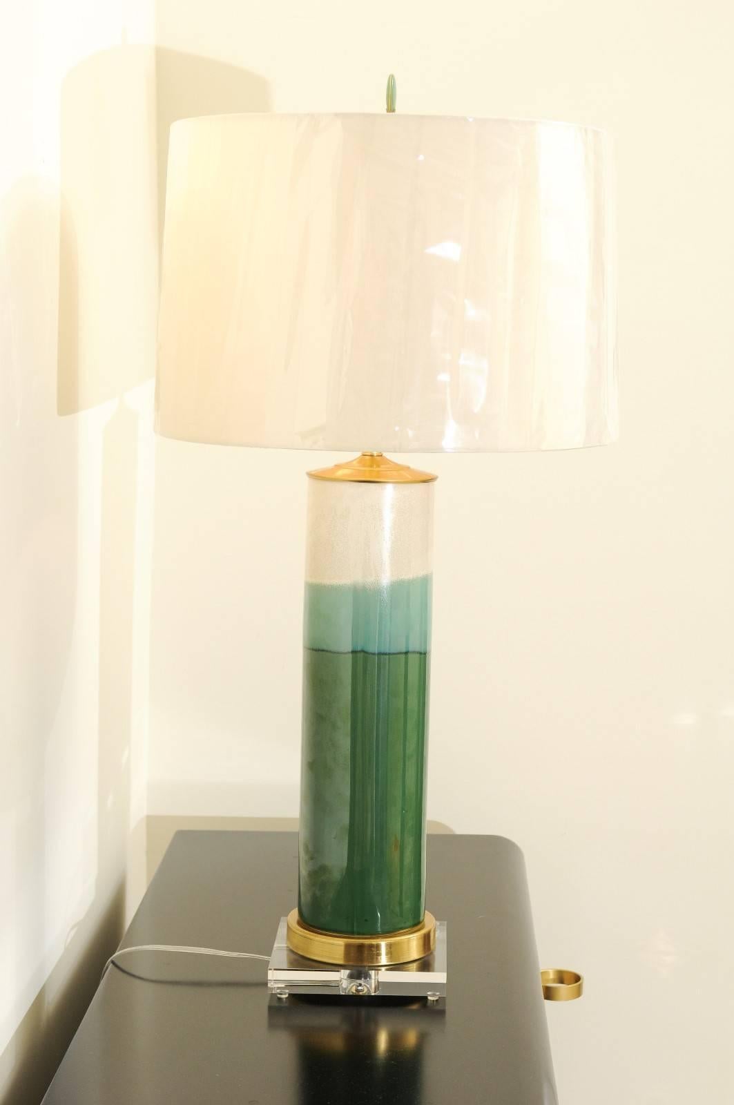 Exquisite Pair of Drip-Glaze Lamps with Accents of Lucite, Brass and Jade 3