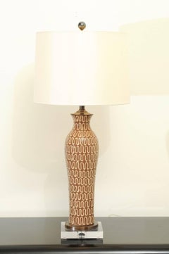 Gorgeous Pair of Glazed Ceramic Lamps with Lucite and Bronze Accents
