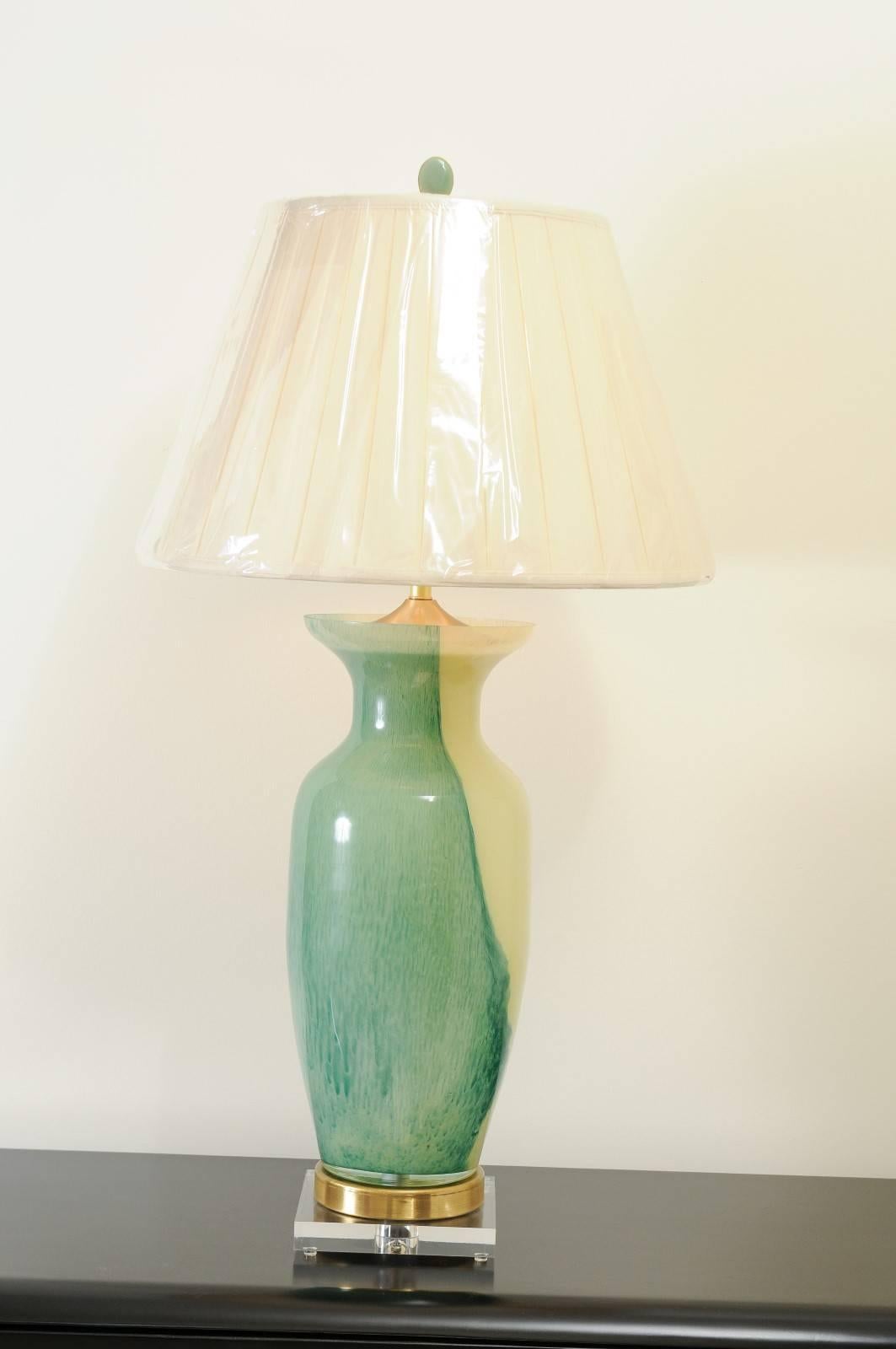A stunning pair of large-scale blown Murano vessels as custom-made lamps. Stellar form and color with accents of solid brass, Lucite and jade. Built using components of only the finest quality. Exquisite jewelry! Excellent Restored Condition. Wired