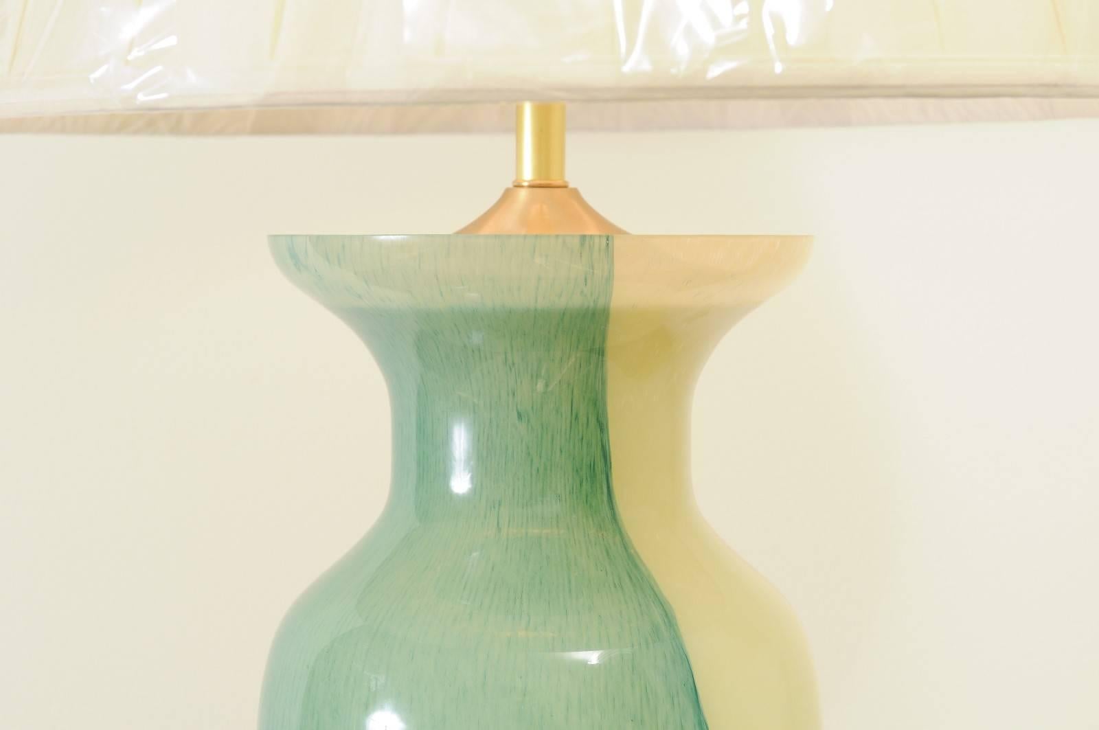 Modern Glorious Pair of Swirl Murano Lamps with Accents of Jade, Brass and Lucite For Sale