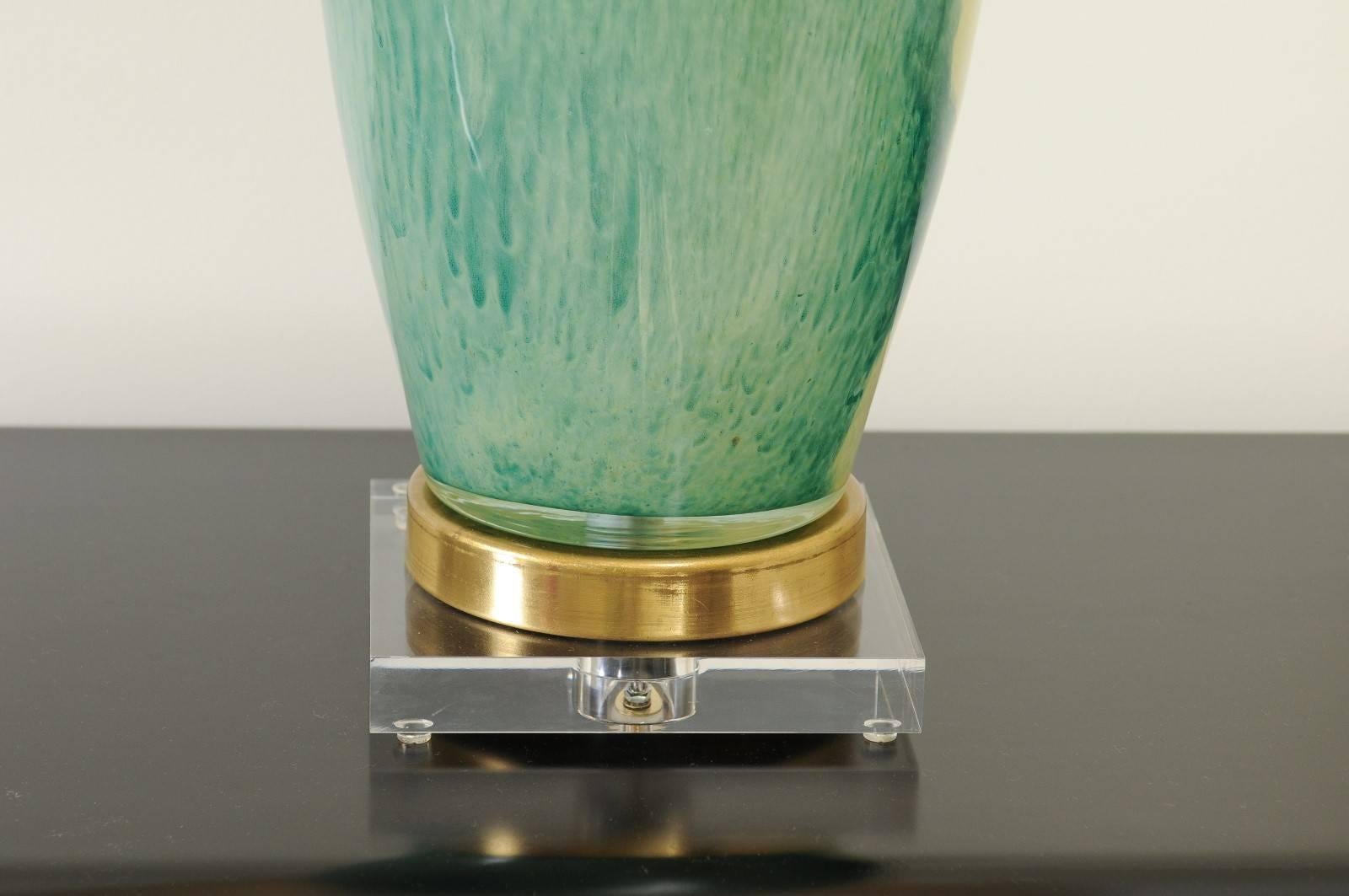 Italian Glorious Pair of Swirl Murano Lamps with Accents of Jade, Brass and Lucite For Sale