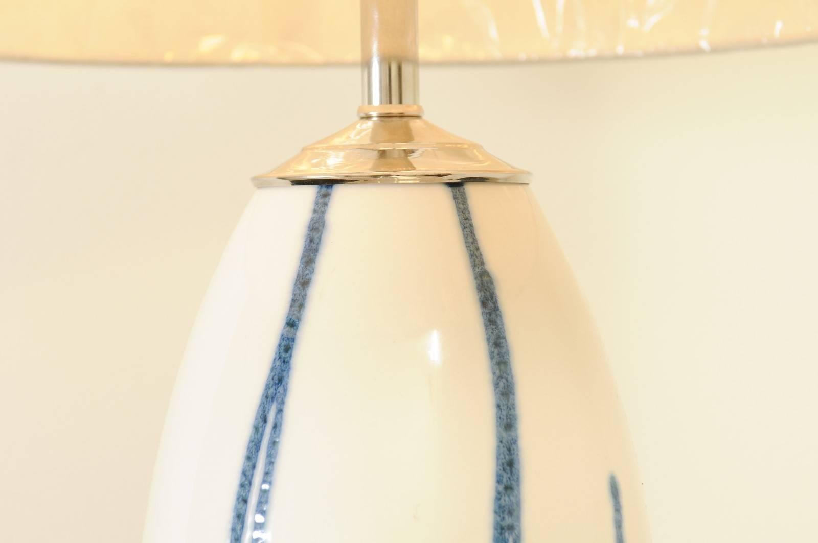 Lovely Pair of Custom-Made Portuguese Drip Ceramic Lamps in Blue and Cream In Excellent Condition For Sale In Atlanta, GA