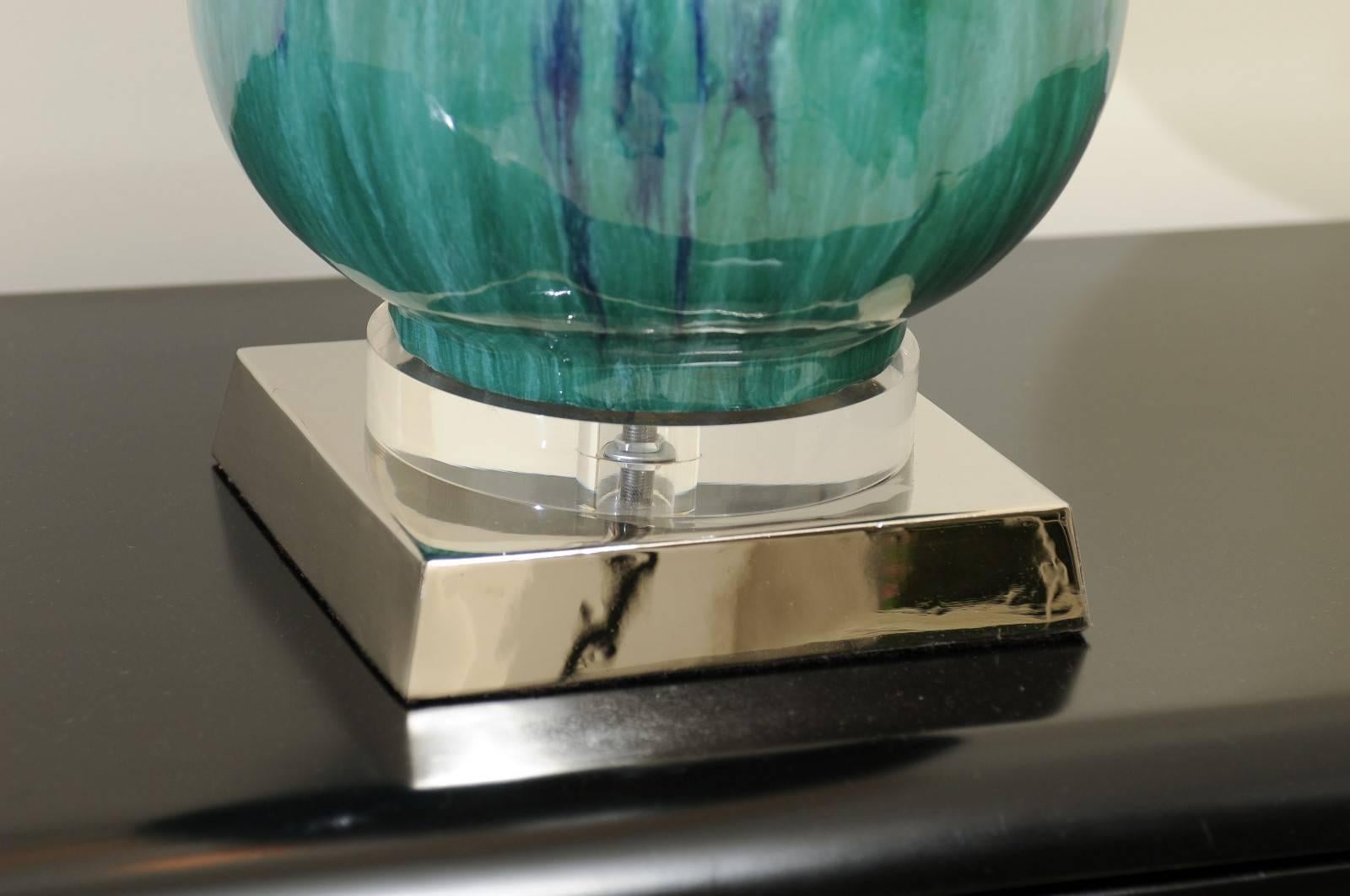 Fantastic Pair of Drip Glaze Gourd Lamps in Turquoise, Teal and Cobalt In Excellent Condition For Sale In Atlanta, GA
