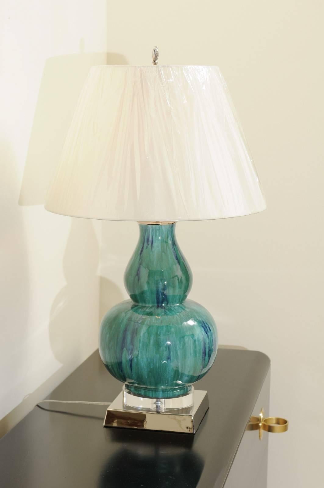 Fantastic Pair of Drip Glaze Gourd Lamps in Turquoise, Teal and Cobalt For Sale 1