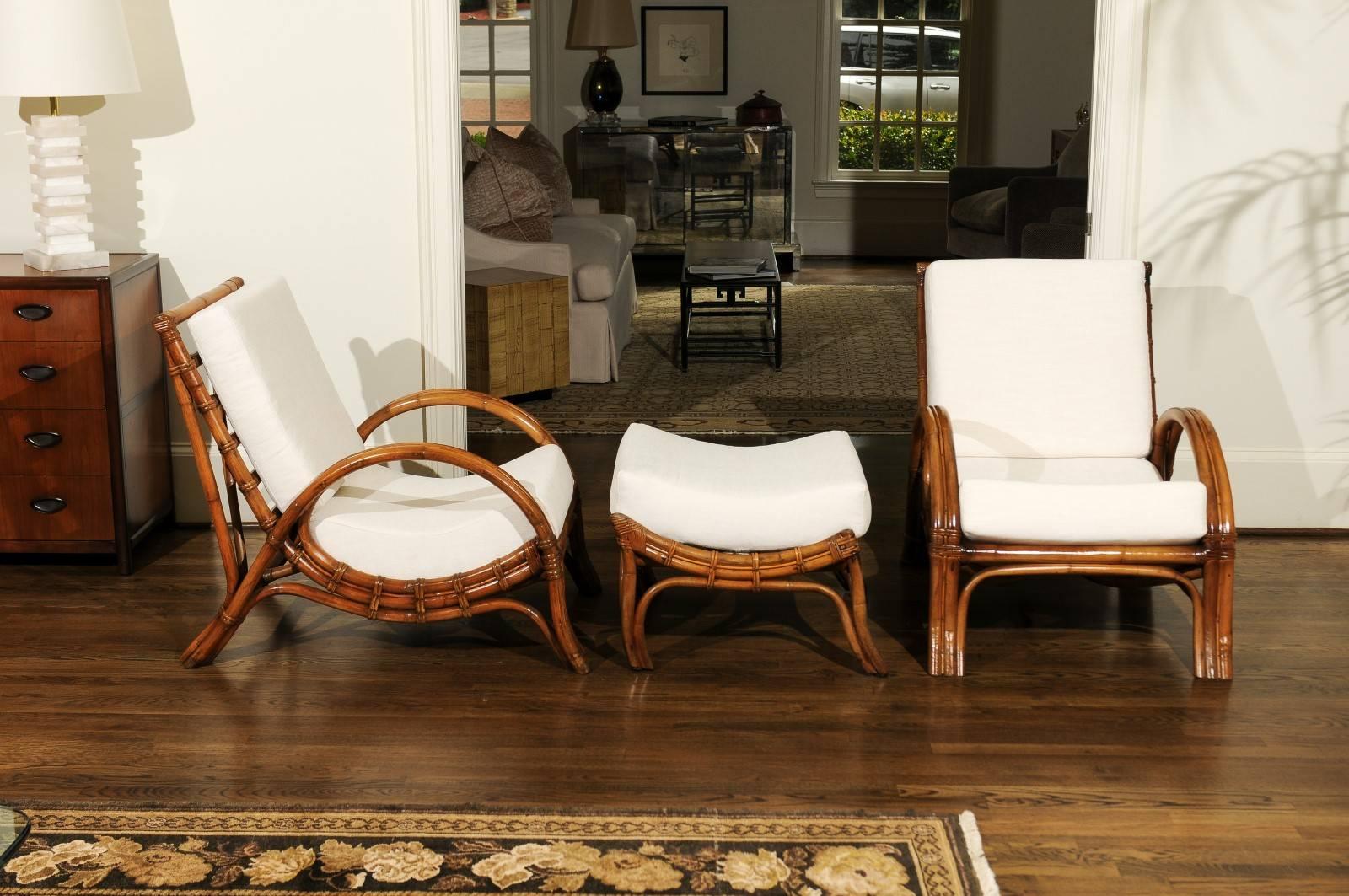 Philippine Stylish Restored Pair of Rattan Loungers with Matching Ottoman, circa 1960