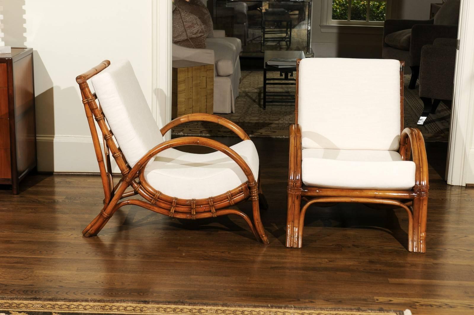 Stylish Restored Pair of Rattan Loungers with Matching Ottoman, circa 1960 In Excellent Condition In Atlanta, GA