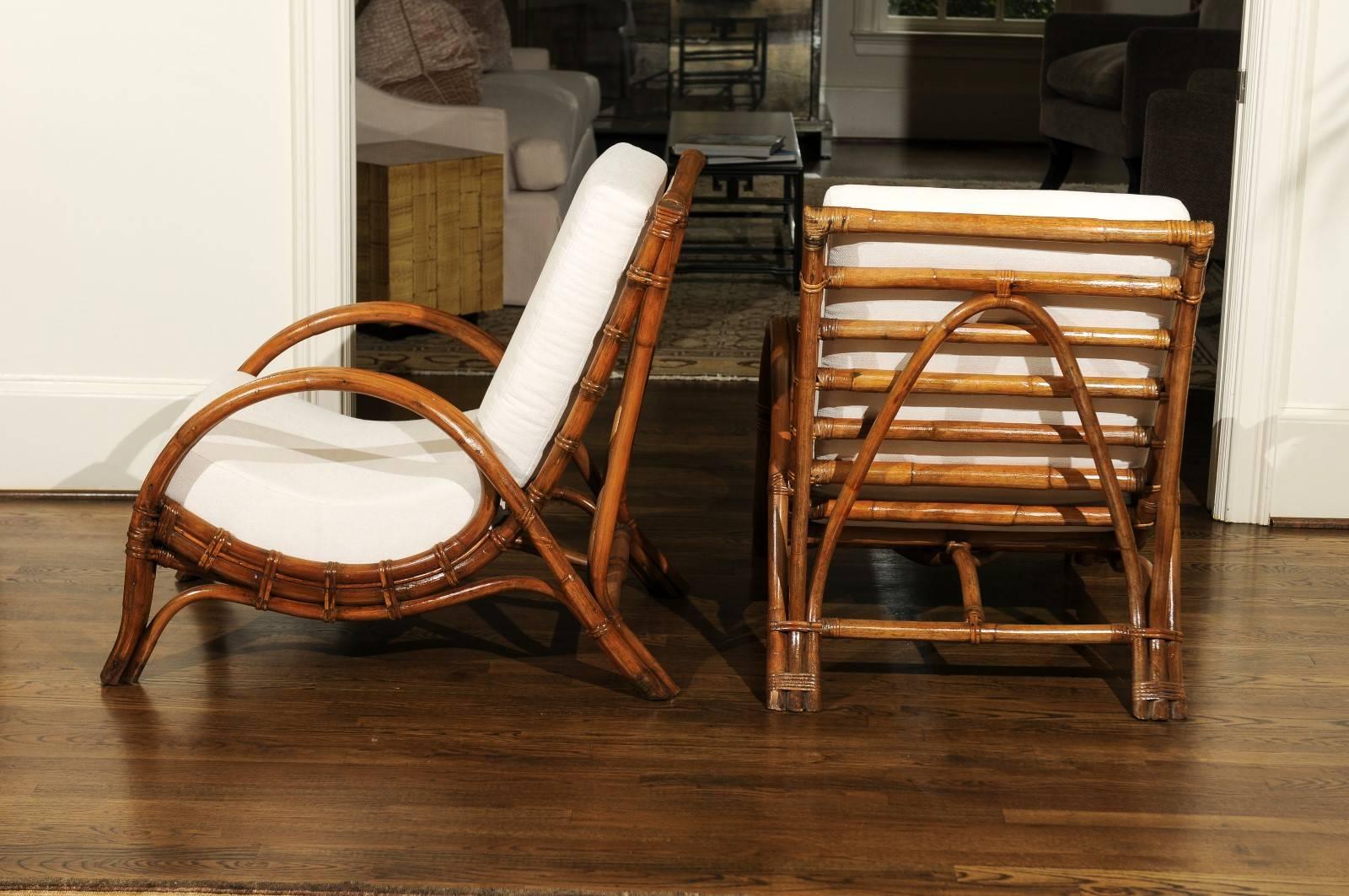 Stylish Restored Pair of Rattan Loungers with Matching Ottoman, circa 1960 1