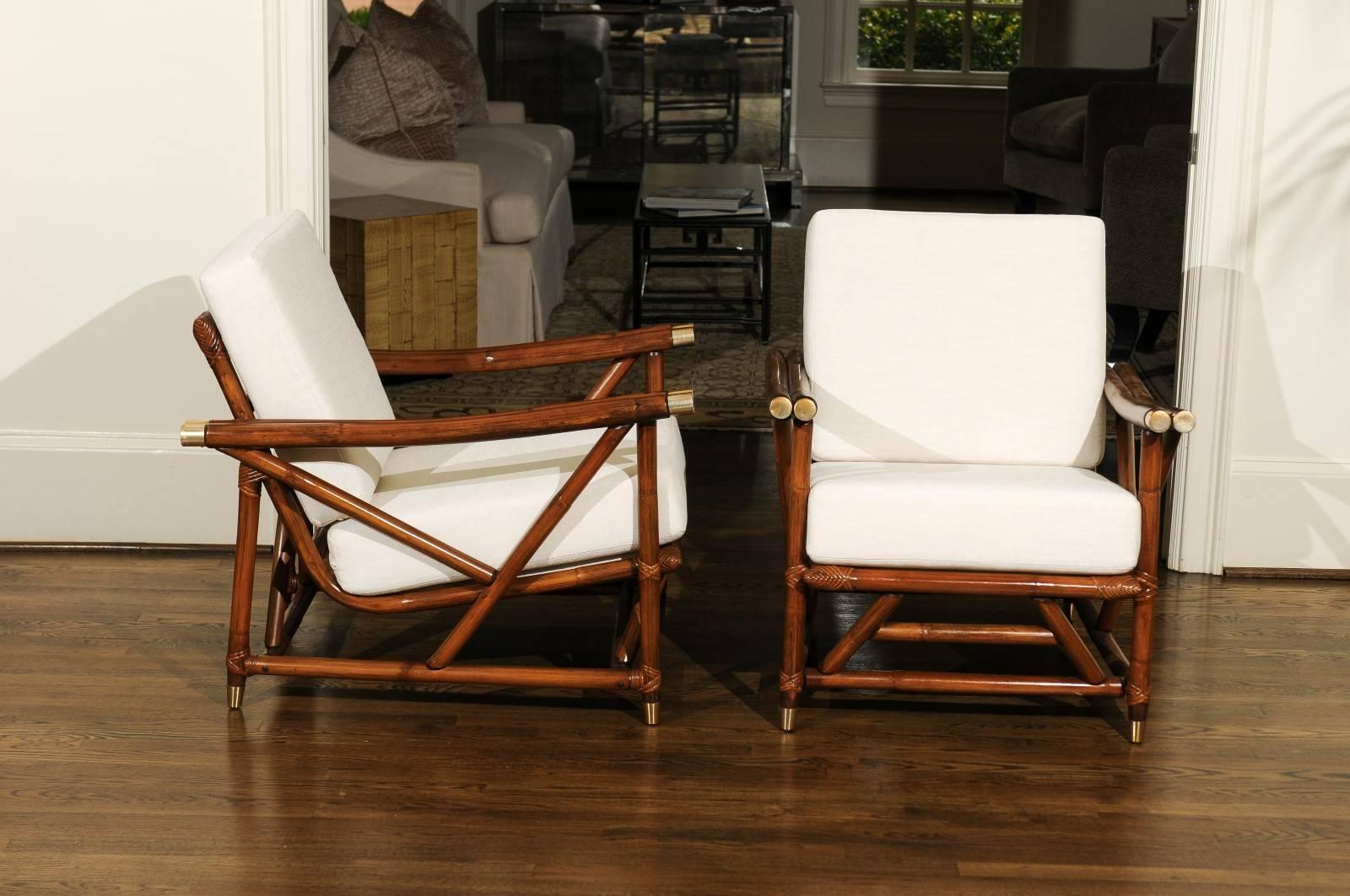 Stylish Restored Pair of Vintage Modern Loungers with Brass Accents In Excellent Condition In Atlanta, GA