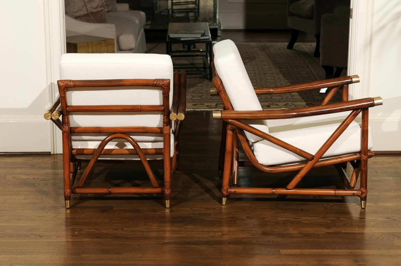 Rattan Stylish Restored Pair of Vintage Modern Loungers with Brass Accents