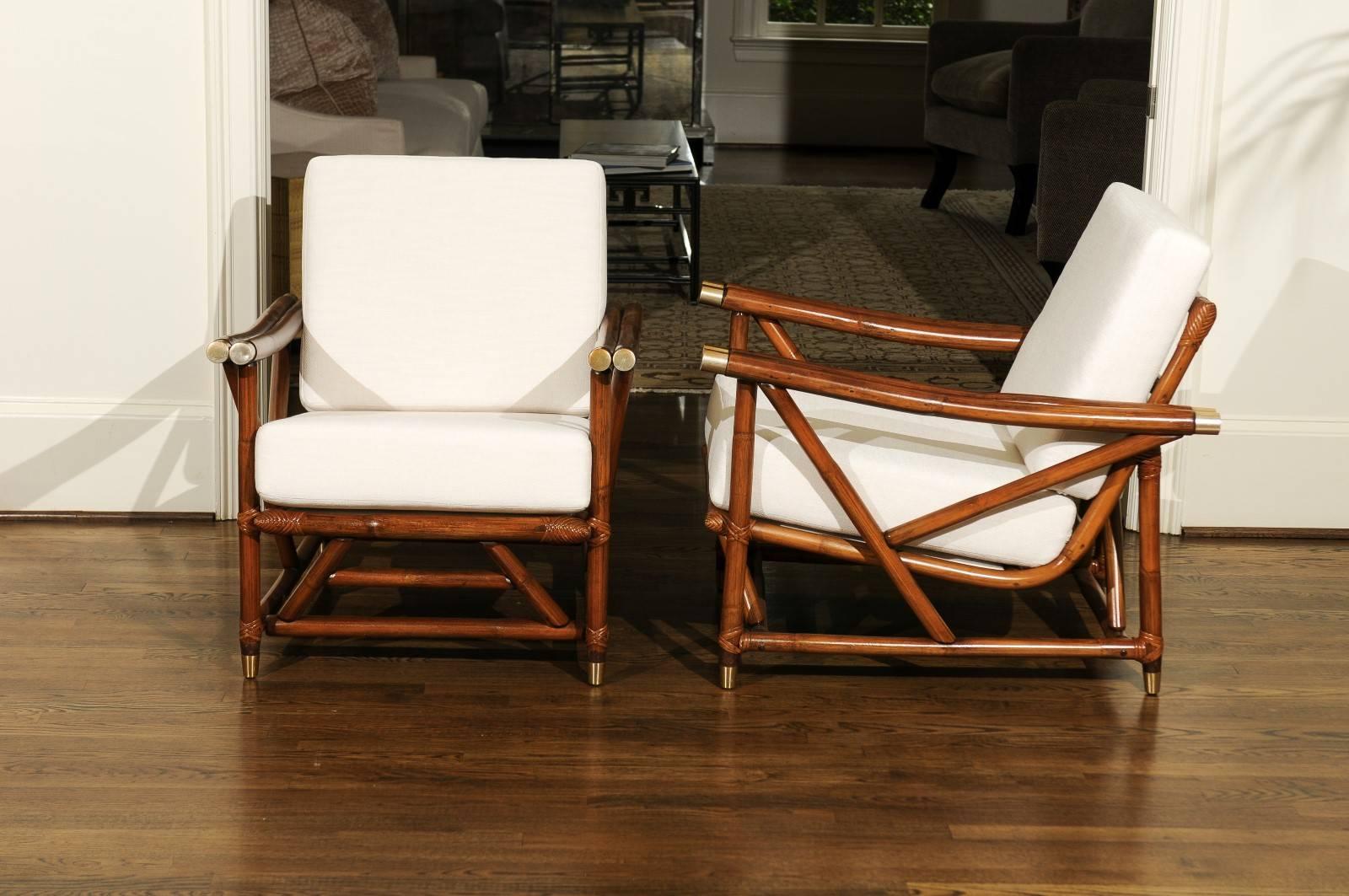 Stylish Restored Pair of Vintage Modern Loungers with Brass Accents 2