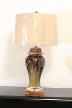 Pair of Custom Drip Glaze Lamps in Moss, Oxblood and Yellow Ochre