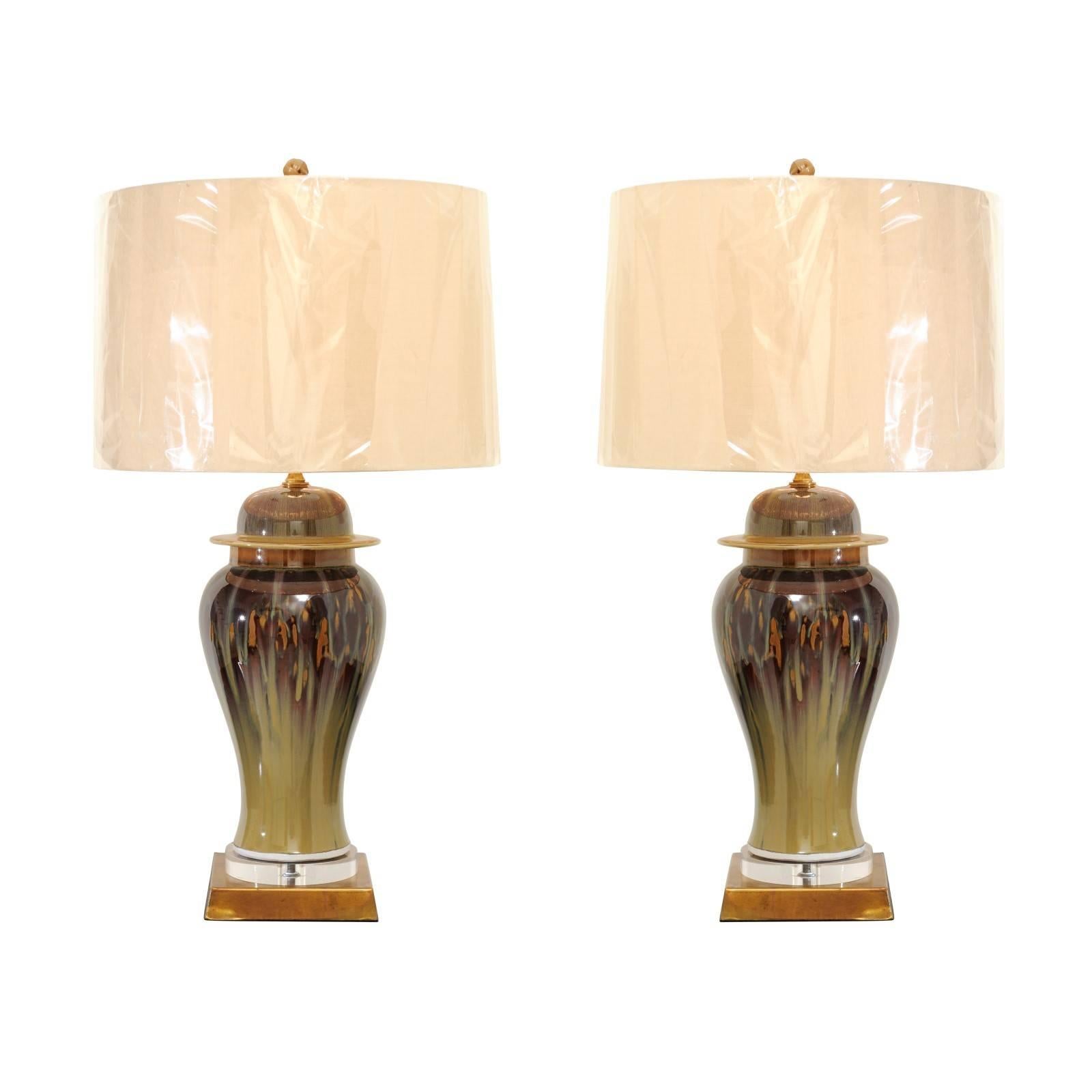 Pair of Custom Drip Glaze Lamps in Moss, Oxblood and Yellow Ochre