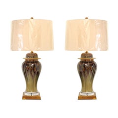 Retro Pair of Custom Drip Glaze Lamps in Moss, Oxblood and Yellow Ochre