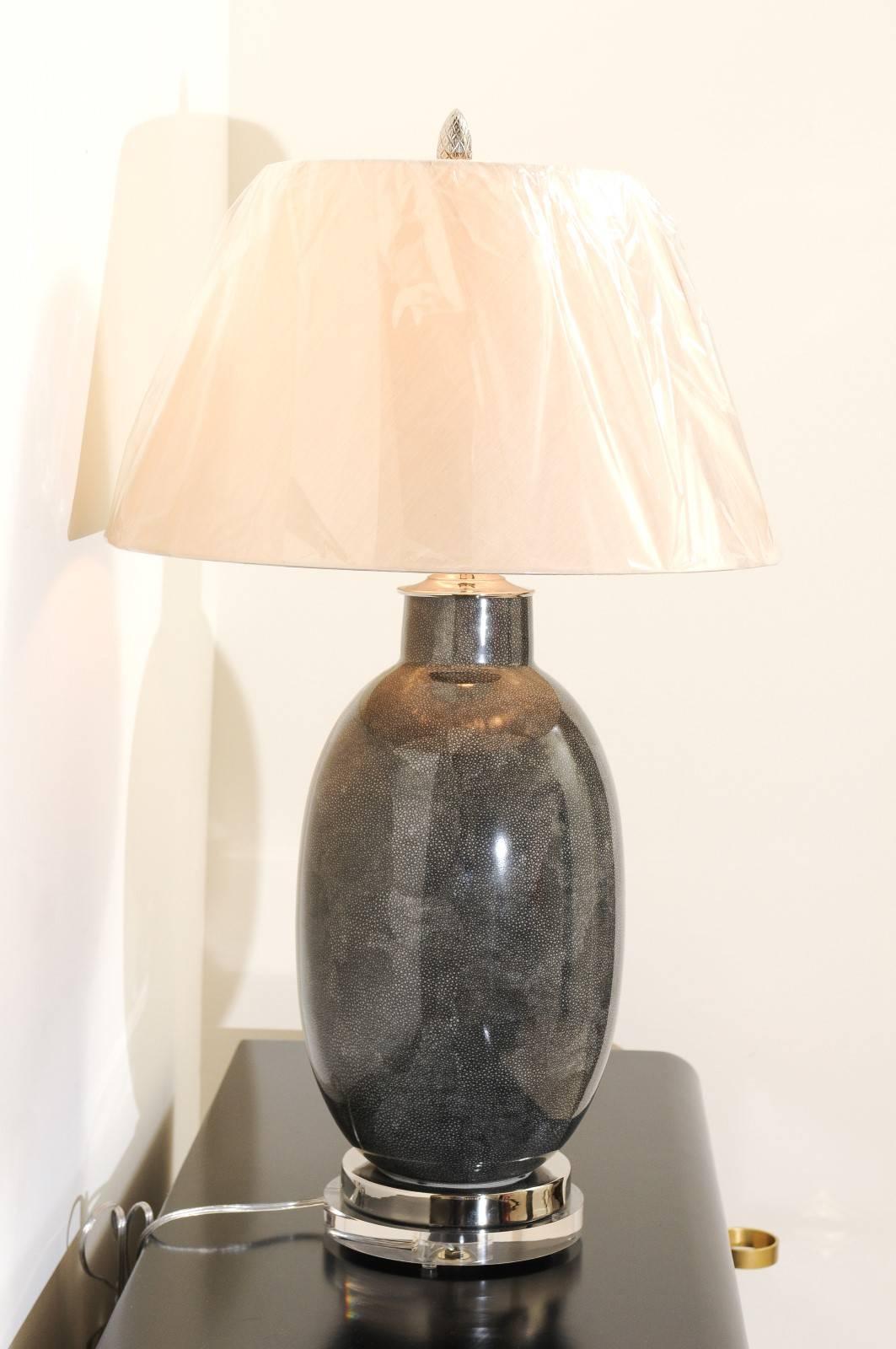 Killer Pair of Faux-Shagreen Ceramic Lamps in Charcoal For Sale 2