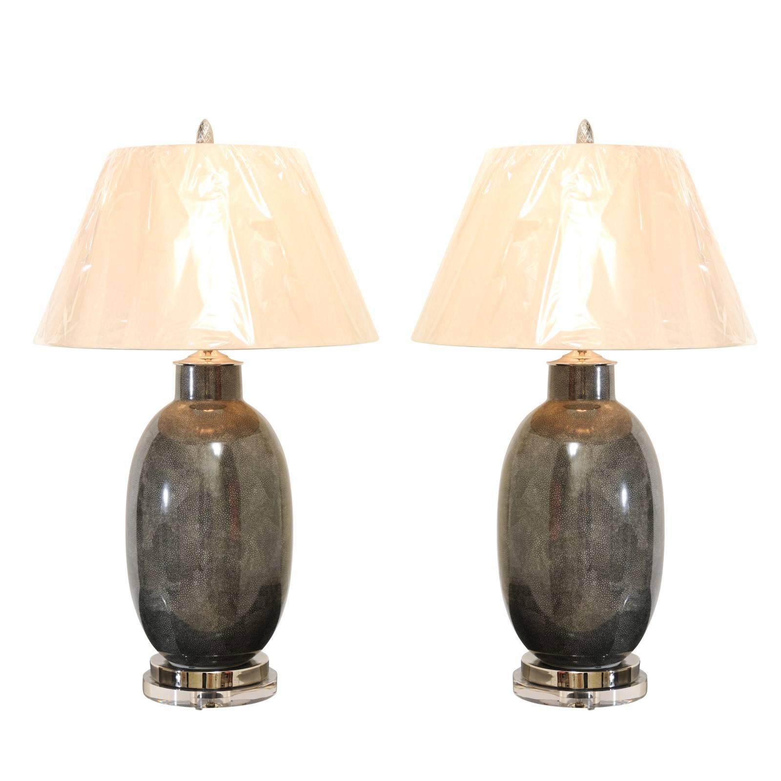 Killer Pair of Faux-Shagreen Ceramic Lamps in Charcoal For Sale