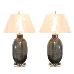 Killer Pair of Faux-Shagreen Ceramic Lamps in Charcoal