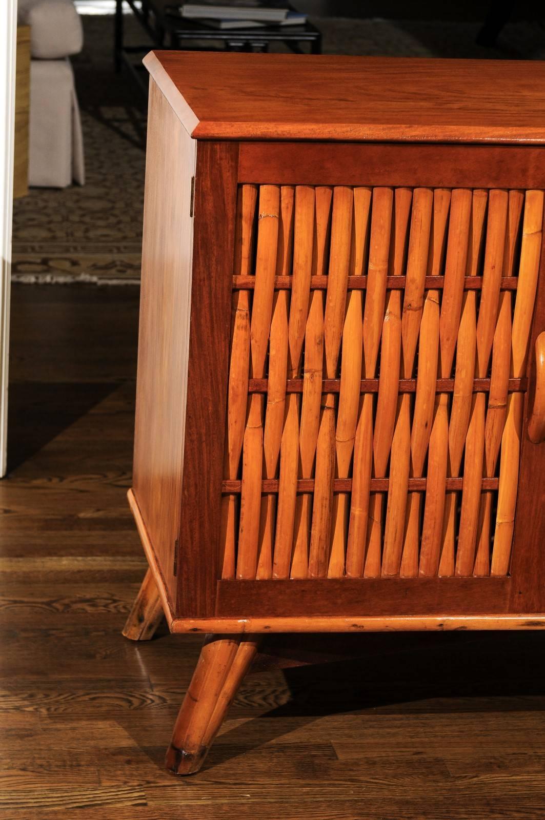 Unknown Extraordinary Restored Mahogany Cabinet with Woven Bamboo Doors, circa 1940