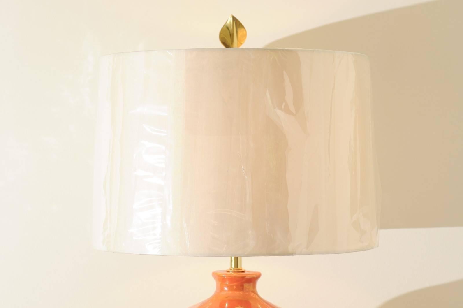 Mid-20th Century Chic Pair of Porcelain Marbro Lamps in Hermes Orange and Coral, circa 1960 For Sale