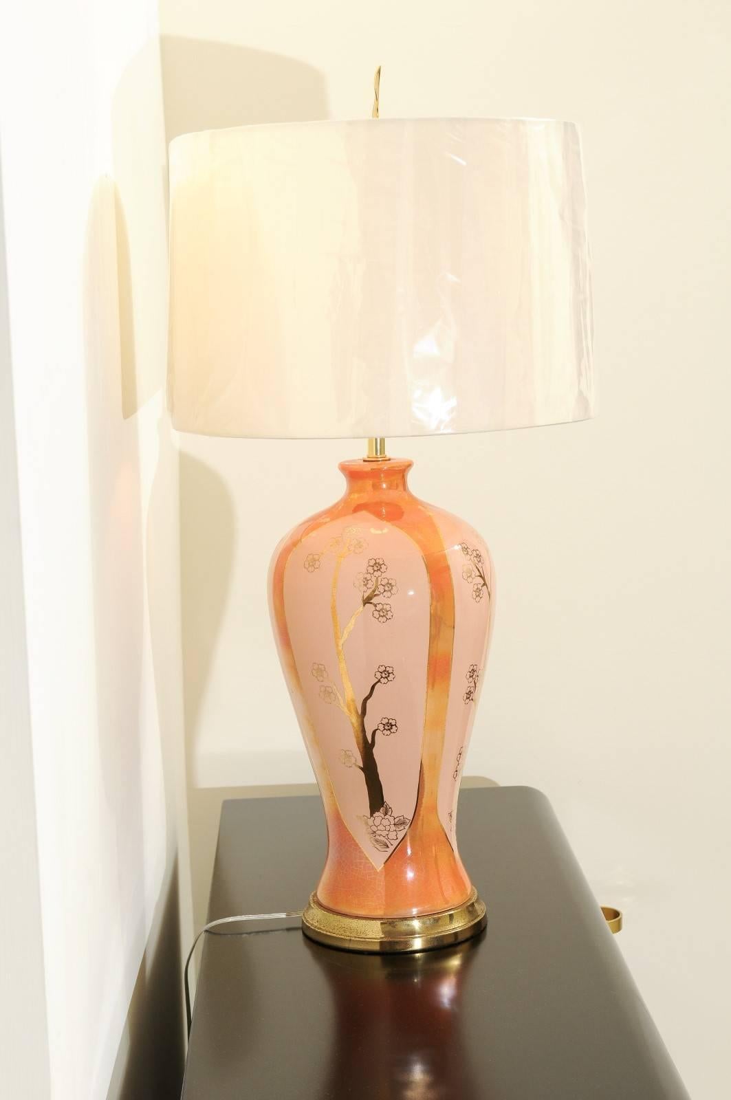 Chic Pair of Porcelain Marbro Lamps in Hermes Orange and Coral, circa 1960 For Sale 3