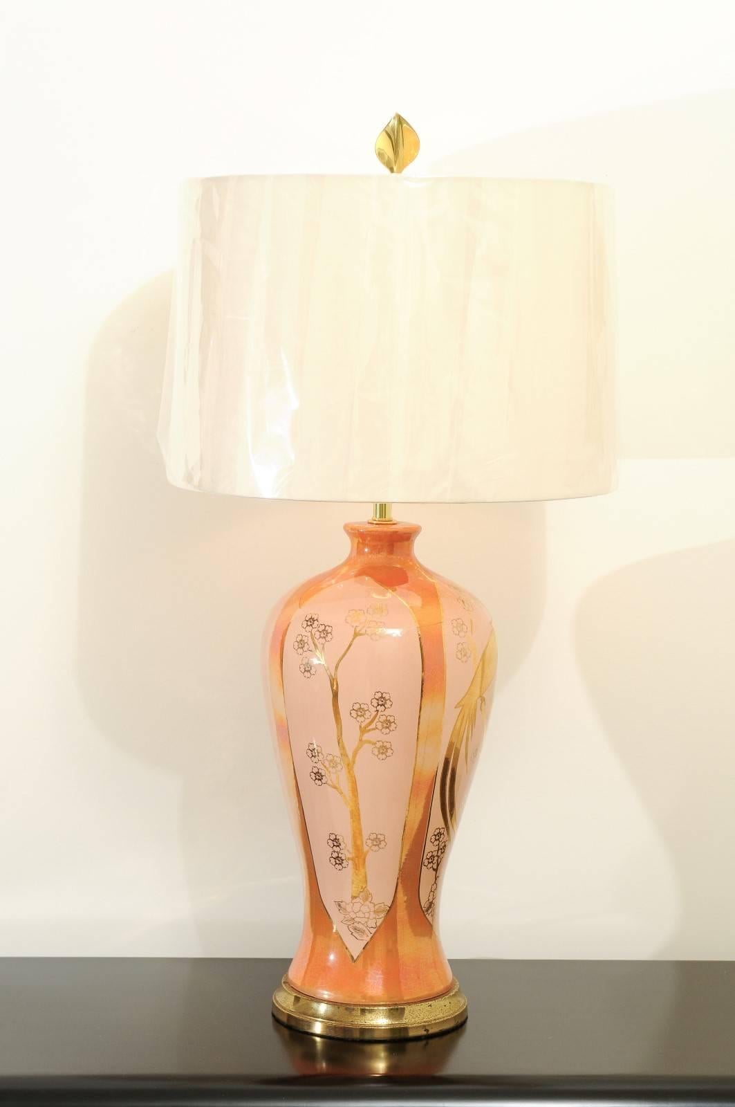 Chic Pair of Porcelain Marbro Lamps in Hermes Orange and Coral, circa 1960 For Sale 1