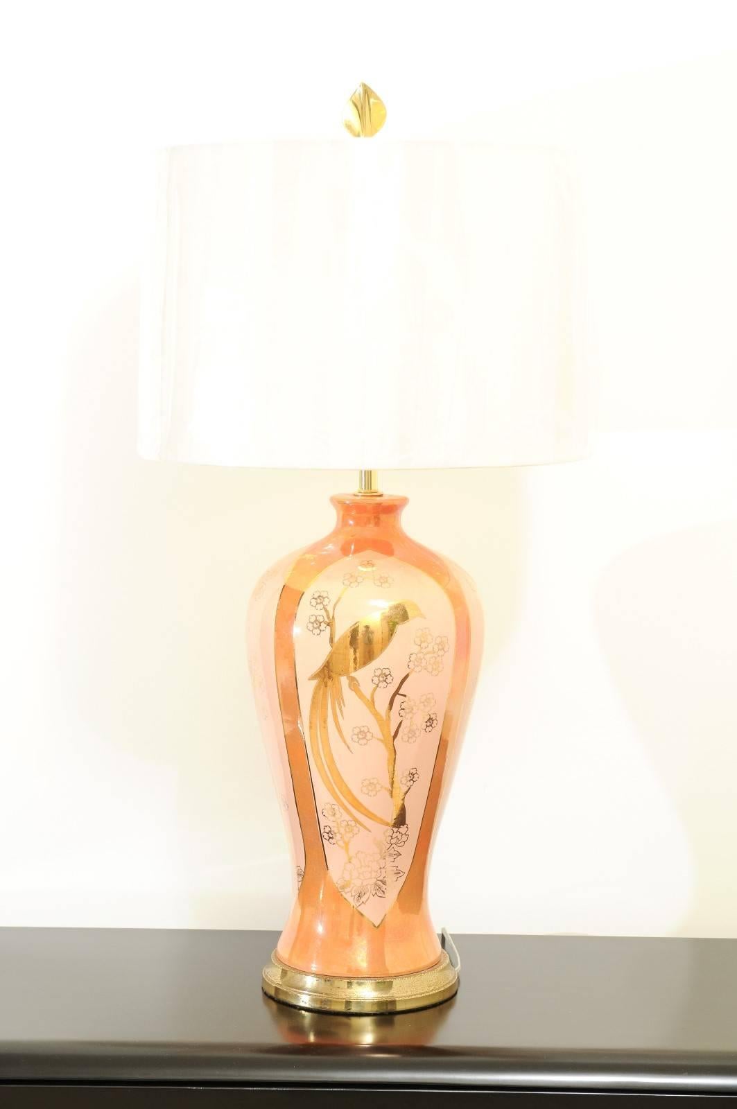 Mid-Century Modern Chic Pair of Porcelain Marbro Lamps in Hermes Orange and Coral, circa 1960 For Sale