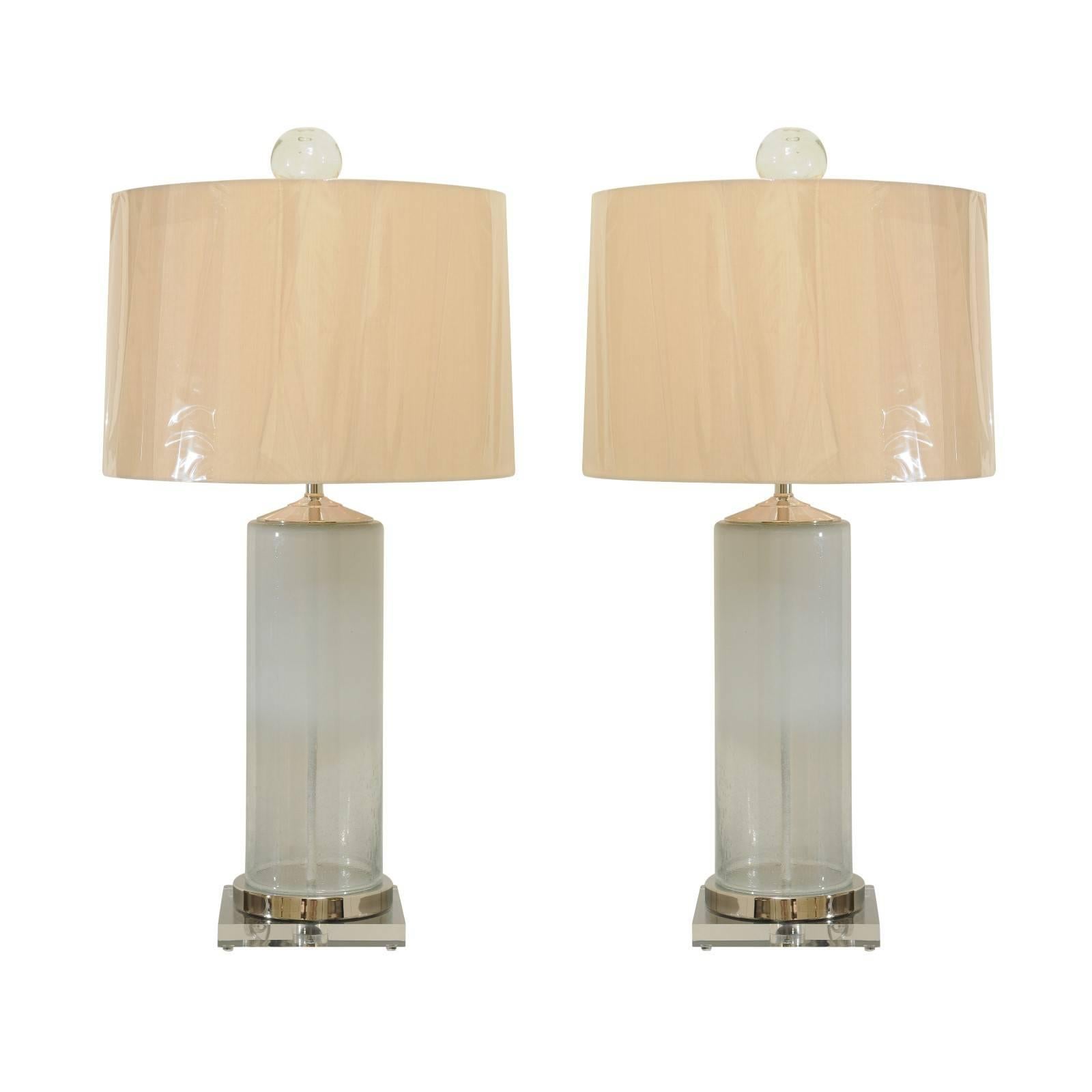 Dazzling Pair of Opaque and Clear Blown Glass Lamps with Custom Orb Finials