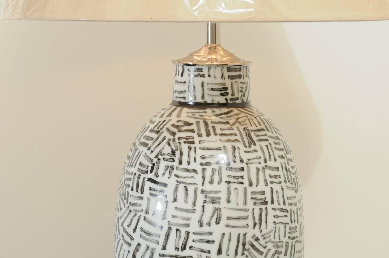 Late 20th Century Distinctive Pair of Custom Ceramic Lamps in Charcoal and Cream, circa 1980 For Sale