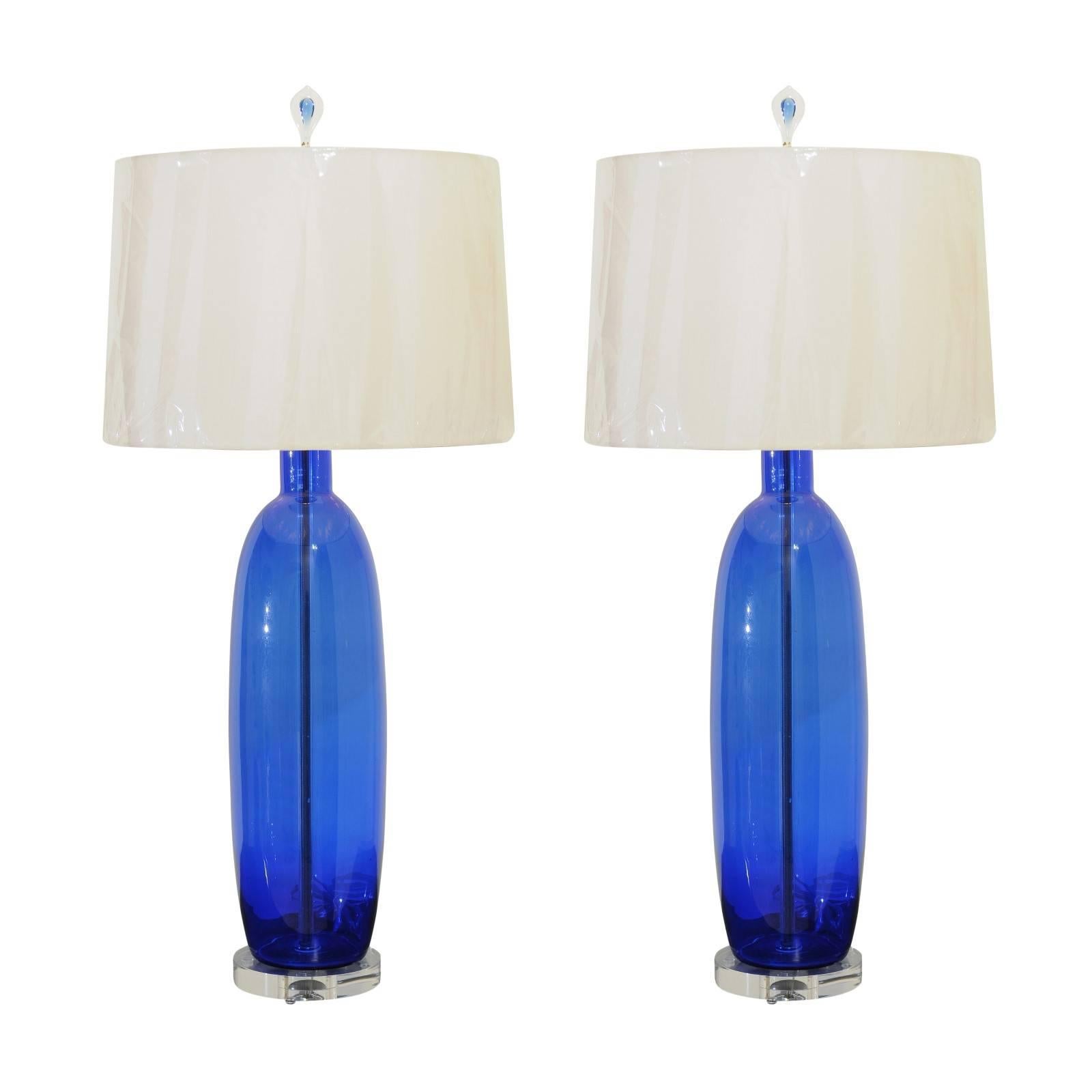 Fantastic Restored Pair of Large-Scale Blown Glass Lamps in Cobalt, circa 1970