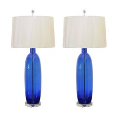 Vintage Fantastic Restored Pair of Large-Scale Blown Glass Lamps in Cobalt, circa 1970