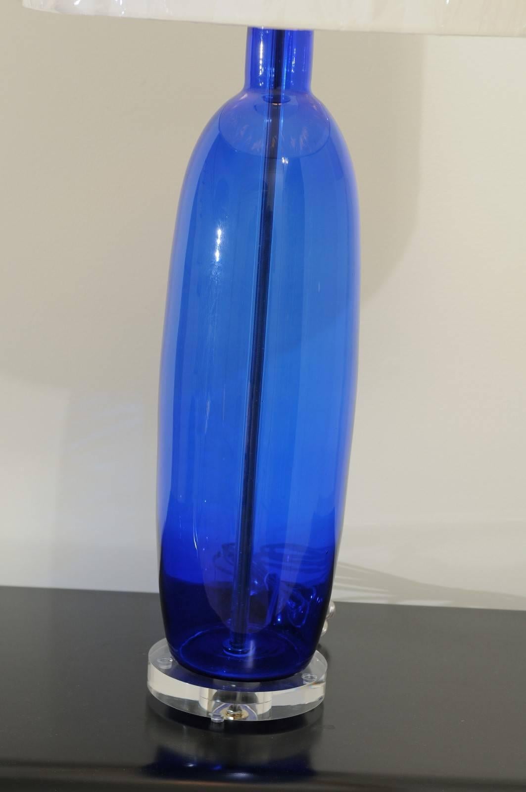 Nickel Fantastic Restored Pair of Large-Scale Blown Glass Lamps in Cobalt, circa 1970 For Sale
