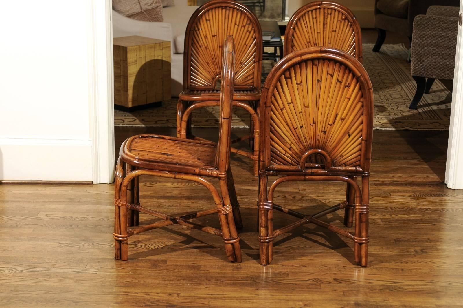 Spectacular Restored Set of Eight Rattan and Bamboo Chairs, circa 1975 In Excellent Condition In Atlanta, GA