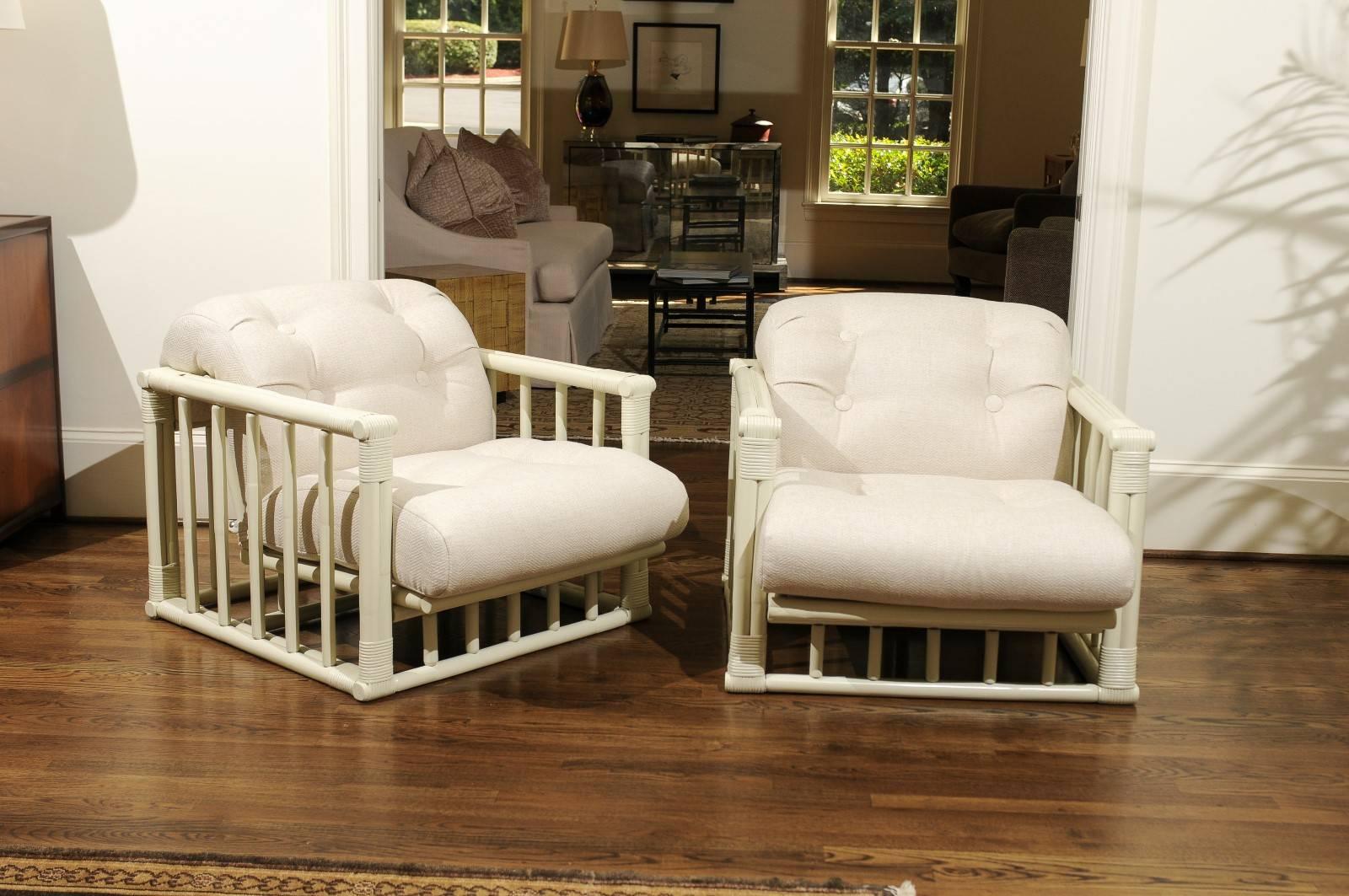 These magnificent lounge chairs are shipped as professionally photographed and described in the listing narrative: Meticulously professionally restored and upholstered. The chairs are installation ready. Expert custom upholstery service is