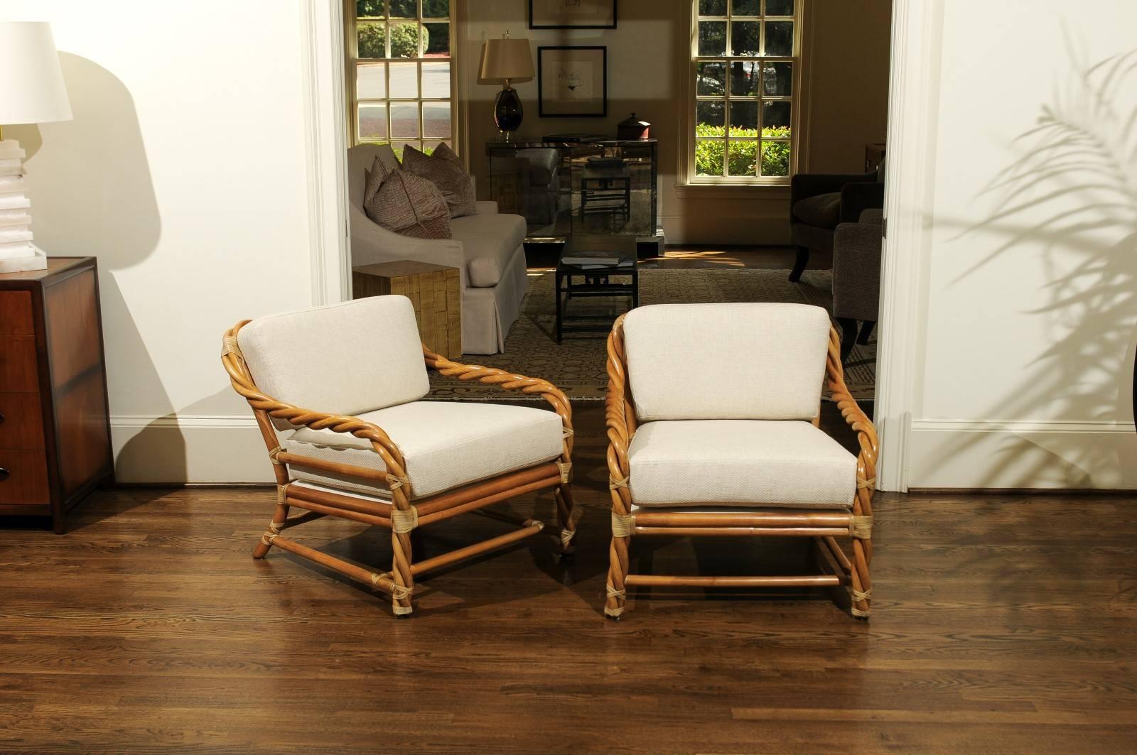 Mid-Century Modern Coveted Pair of Restored Braided Rattan Loungers by McGuire, circa 1980