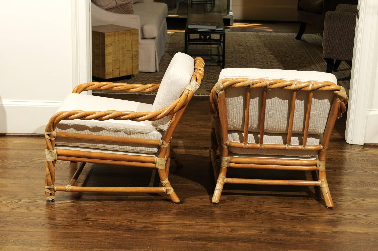 Coveted Pair of Restored Braided Rattan Loungers by McGuire, circa 1980 In Excellent Condition In Atlanta, GA